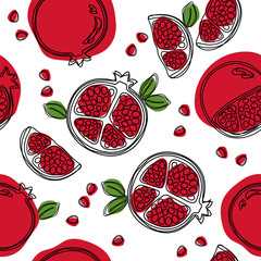 Garnet fruit hand drawn seamless pattern. Hand drawn vector seamless pattern in doodle style. Continuous line drawing.