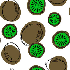 Kiwi fruits vector seamless pattern. Hand drawn vector seamless pattern in doodle style. Continuous line drawing.