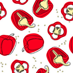 Bell pepper seamless pattern. Hand drawn vector seamless pattern in doodle style. Continuous line drawing.