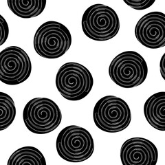 Licorice wheels candies seamless pattern. Candy flavored licorice. Hand drawn vector seamless pattern in doodle style. Continuous line drawing.