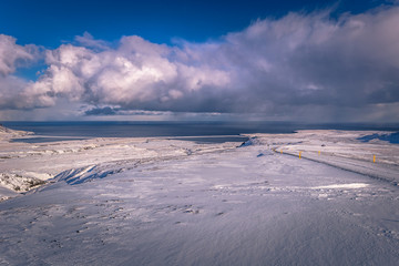 Fototapeta na wymiar Icelandic landscape - May 03, 2018: Snowy white Wilderness of Iceland