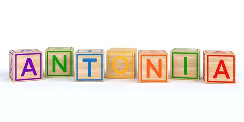The name antonia written with Isolated wooden toy cubes