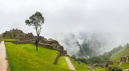 Machu Picchu's citadel on a foggy day, in Peru