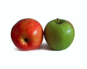 On isolate white background red apple and green.
