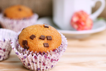 Muffin with chocolate in detail