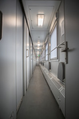classic interior of sleeping car of train. interior of compartment car. Passenger train car. Sleeping car of passenger train