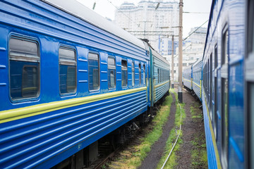 Fototapeta premium Classical cars of passenger train from outside. Many passenger cars.