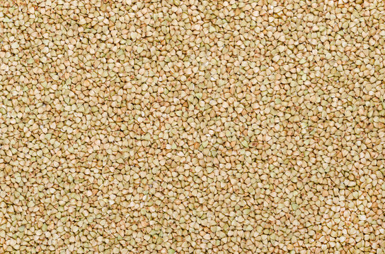 Hulled common buckwheat grains, surface and background. Gluten free pseudocereal. Fagopyrum esculentum, also known as Japanese or silverhull buckwheat. Dried seeds. Food photo, close up from above.