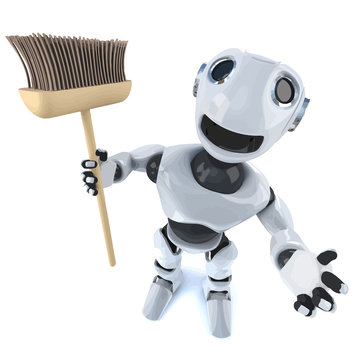 Vector 3d Cartoon robot man holding a broom