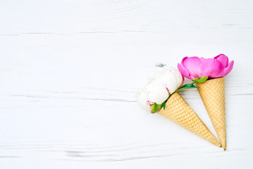 Ice cream cones with white and pink peonies flowers and leaves on white wooden background. Summer concept. Copy space, top view