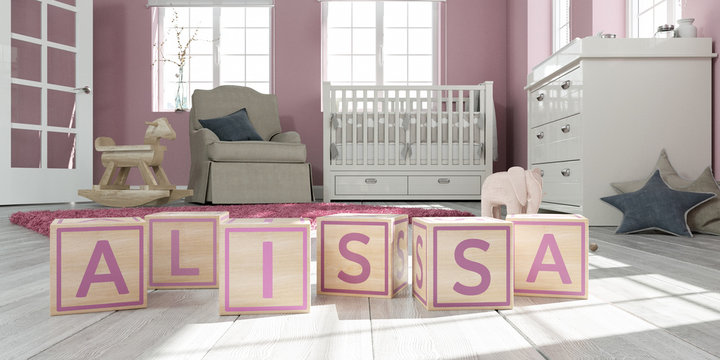 The name alissa written with wooden toy cubes in children's room
