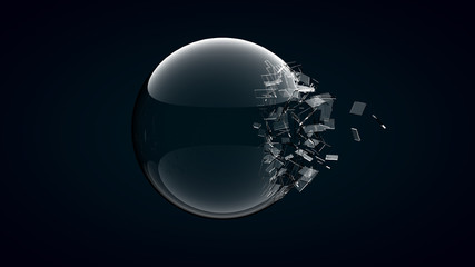 3D rendering broken glass sphere on dark background .