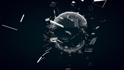 3D rendering broken glass sphere on dark background .