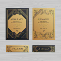 Luxury wedding invitation or greeting card with geometric ornament. Art Deco style. Paper envelope template. Wedding invitation envelope mock-up for laser cutting. Vector illustration.
