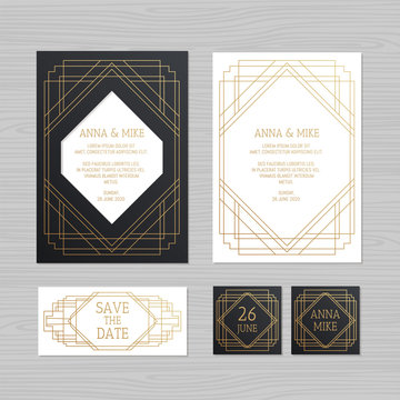 Luxury wedding invitation or greeting card with geometric ornament. Art Deco style. Paper envelope template. Wedding invitation envelope mock-up for laser cutting. Vector illustration.