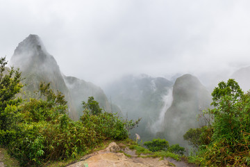 Panoramic view of Urubamba valley from Machu Picchu, in Southeast Peru