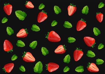 Strawberry seamless pattern isolated on black background, vector and illustration.