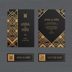 Luxury wedding invitation or greeting card with geometric ornament. Art Deco style. Paper envelope template. Wedding invitation envelope mock-up for laser cutting. Vector illustration.