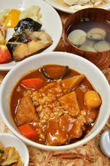 Pork curry with rice in a bowl