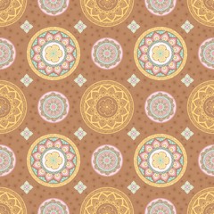 Pastel mandala flower and Thai style seamless vector pattern on pastel brownbackground