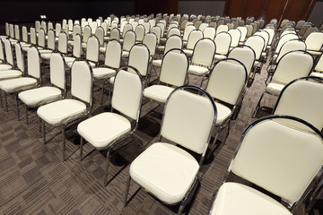 Fototapeta premium Many Chairs arranged in row order for Performance Contest in Ballroom