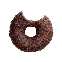 Bitten chocolate donut with sprinkles isolated on white background. Top view