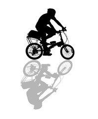 Silhouette man and bike relaxing on white background.