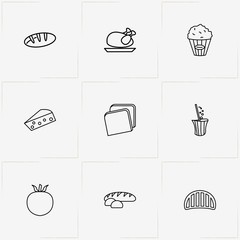 Food line icon set with cheese, tomato  and popcorn