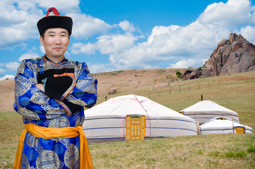 Mongolian man and jurts