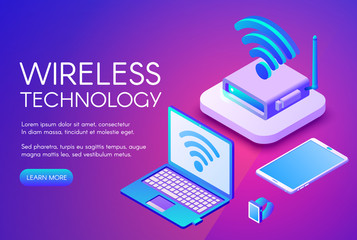 Wireless technology vector illustration of internet data transfer in digital devices. Wi-fi router, Bluetooth or NFC wireless communication in computer and smartphone on purple ultra violet background - obrazy, fototapety, plakaty