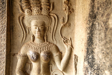 Sandstone sculpture, Close up of Apsara the angel of Cambodia. Angkor Wat, Siem Reap, Cambodia.