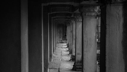 Ancient corridor Angkor Wat in the black and white, Siem Reap, Cambodia
