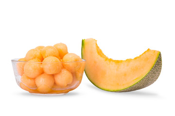 Cantaloupe melon in scoop of flesh and in slice