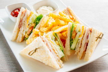 Club sandwich with vegetable and sauce