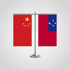 Table stand with flags of China and Samoa.Two flag. Flag pole. Symbolizing the cooperation between the two countries. Table flags