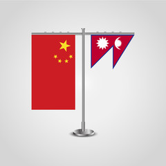 Table stand with flags of China and Nepal.Two flag. Flag pole. Symbolizing the cooperation between the two countries. Table flags