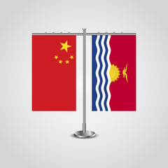 Table stand with flags of China and Kiribati.Two flag. Flag pole. Symbolizing the cooperation between the two countries. Table flags