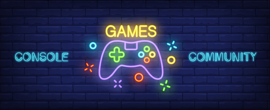 Console Community neon style banner. Gamepad on brick background. Videogame, game club, leisure. Can be used for advertising, street wall sign, web design