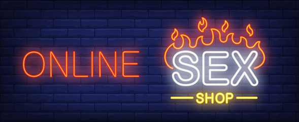 Online sex shop neon sign. Firing word o dark brick wall. Vector illustration in neon style for sex store or erotic entertainment - obrazy, fototapety, plakaty
