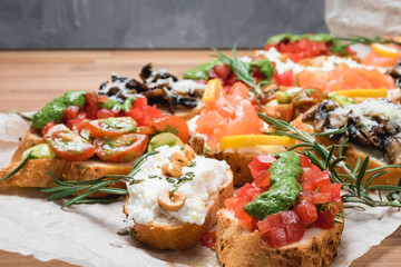 Brushetta or authentic traditional spanish tapas set for lunch table.
