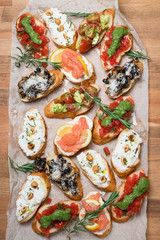 Brushetta or authentic traditional spanish tapas set for lunch table.