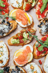 Brushetta or authentic traditional spanish tapas set for lunch table.