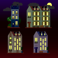 A set of flat illustrations of houses at night. Three-storey building. Vector.