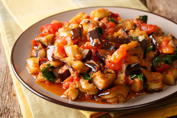 Summer warm salad of fried eggplant, tomatoes and garlic with spices close-up. horizontal