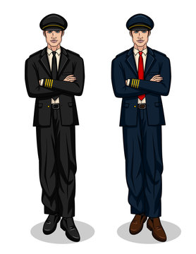 Vector colorful set with two smiling pilots standing with crossed hands in full length. Handsome man wearing uniform with hat and tie