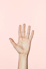 partial view of female hand isolated on pink background