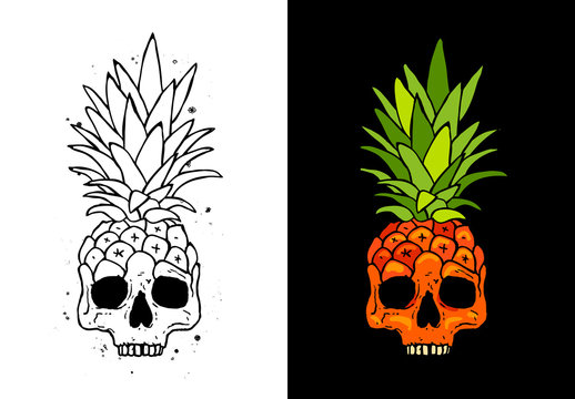Naklejki Skull fruit pineapple. Tattoo concept.