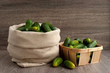 Cucumbers in a bag and basket. A lot of cucumbers in a bag and a wicker basket on a wooden background. Vintage vegetables for healthy eating.