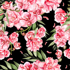 Beautiful watercolor pattern with orchid and peony flowers. 