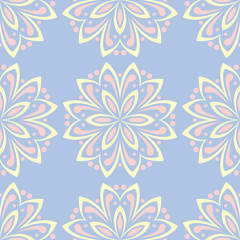 Fototapeta na wymiar Floral blue seamless pattern. Colored background with beige and pink elements